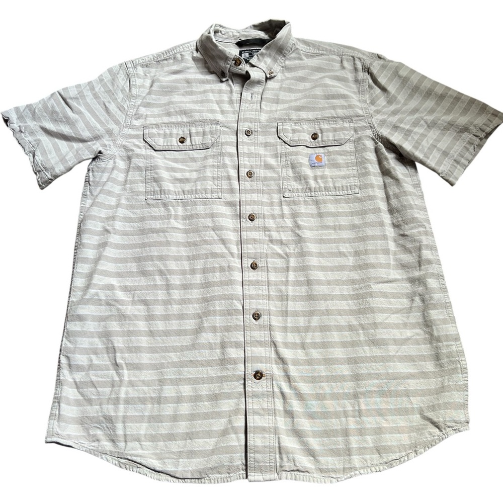 Carhartt Tall Gray Striped Loose Fit Short Sleeve Button Down Shirt Size Large
